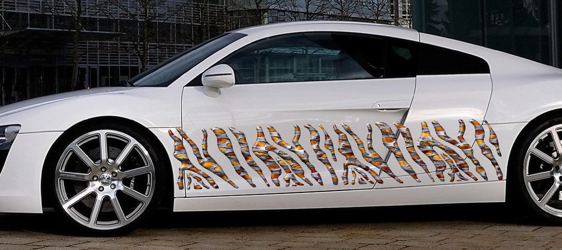 flaming zebra decal stripes on white audi r8 car